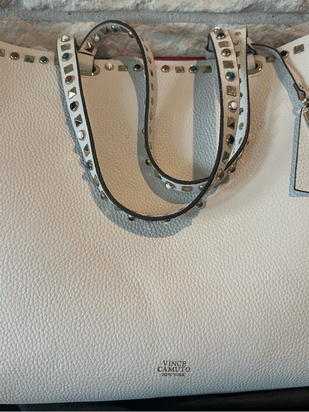 Vince Camuto White Pebbled Leather Tote with Multicolor Stud Straps